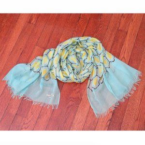 Sheer Kate Spade Patterned Scarf | Teal, Yellow & Navy | Fringed Ends